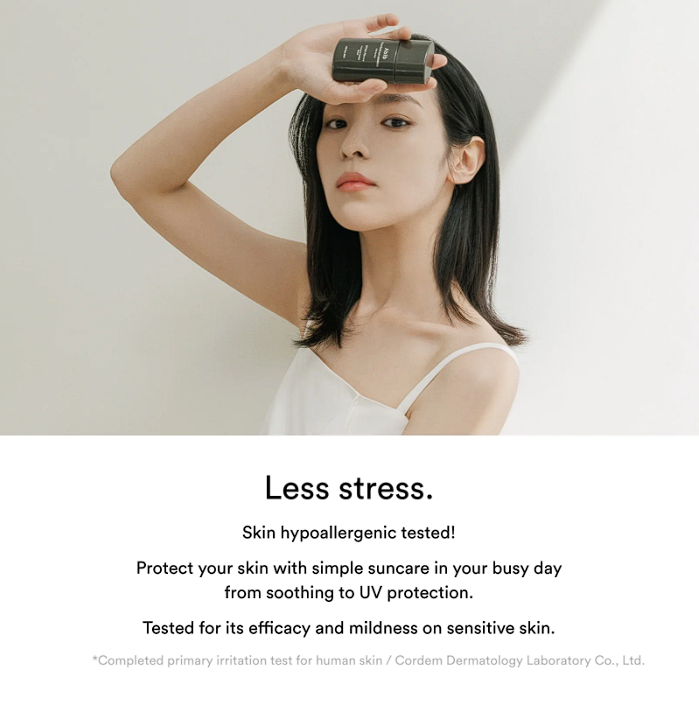 Abib Heartleaf sun essence calming drop: Less stress. Skin hypoallergenic tested! Protect your skin with simple suncare in your busy day from soothing to UV protection. Tested for its efficacy and mildness on sensitive skin. *Completed primary irritation test for human skin / Cordem Dermatology Laboratory Co., Ltd