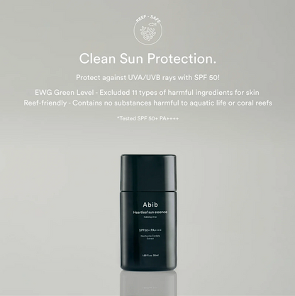 Abib Heartleaf sun essence calming drop:  Clean sun protection. Protect against UVA/UVB rays with SPF50! EWG Green Level - excluded 11 types of harmful ingredients for skin. Reef friendly - contains no substances harmful to aquatic life or coral reefs. *Tested SPF 50+ PA++++