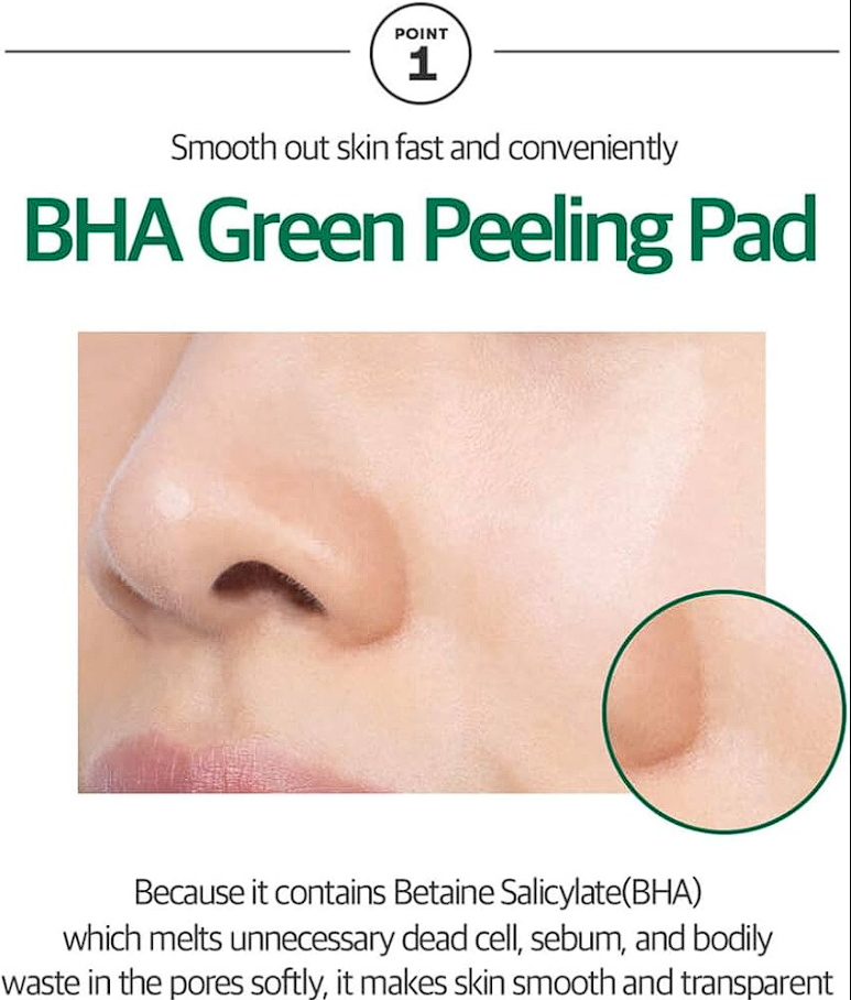 VT Cica Mild Toner Pad : Smooth out skin fast and conveniently. BHA Green Peeling Pad .Because it contains Betaine Salicylate (BHA) which melts unnecessary dead cell, sebum and bodily waste in the pores softly, it makes skin smooth and transparent