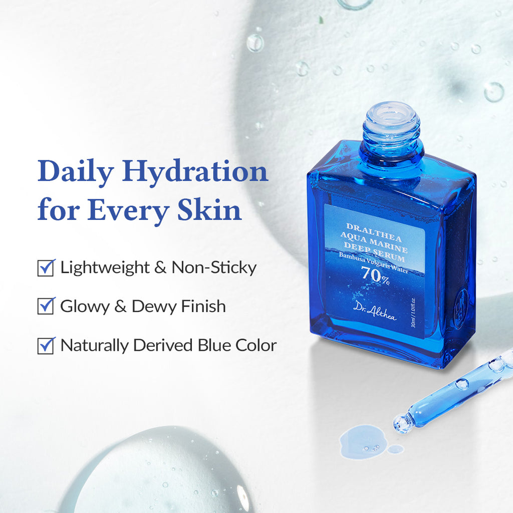 Blue skincare product bottle with dropper on a light gray background 
"Daily hydration for every skin" 