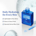 Blue skincare product bottle with dropper on a light gray background 
"Daily hydration for every skin" 