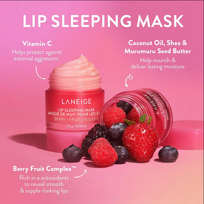 Laneige Lip mask berry is infused with Vitamin C, Coconut Oil, Shea & Murumuru seed butter and berry fruit complex